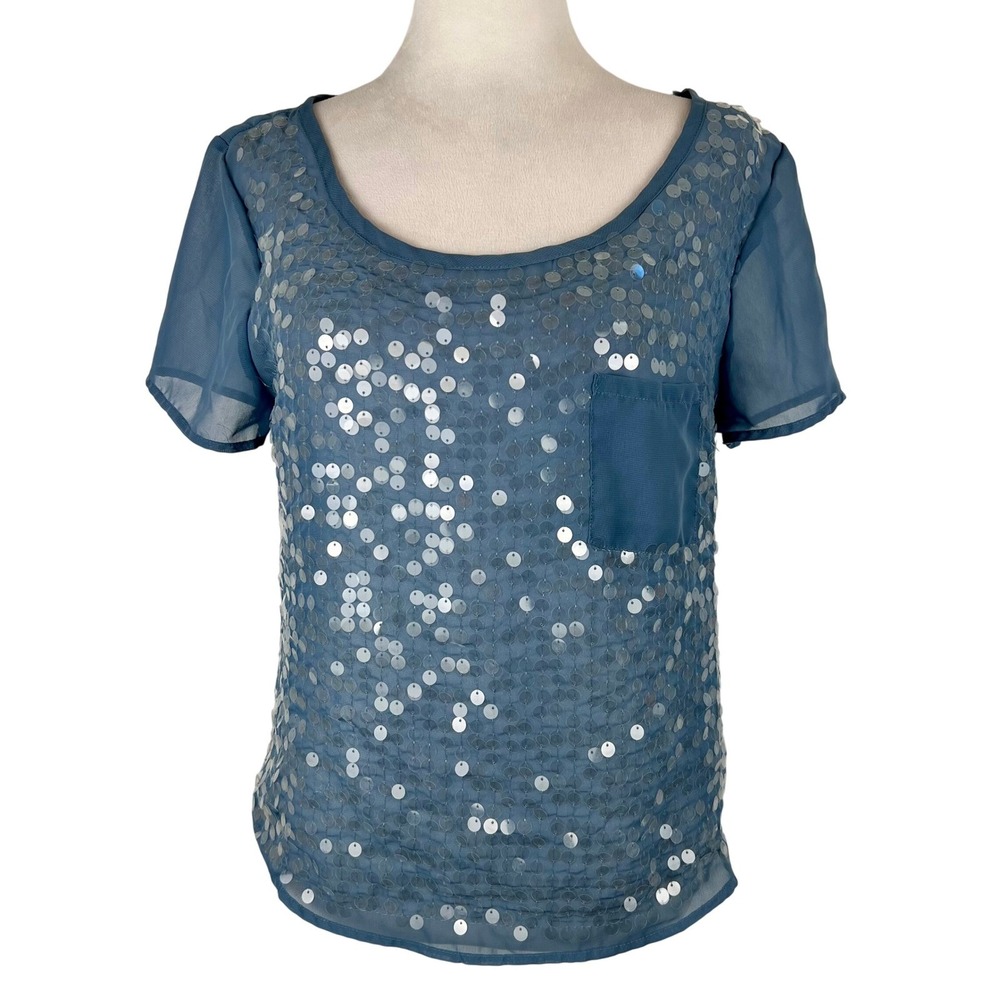 ☘️5/$25 Light Blue Sequin Sheer Top Small Iridescent Whimsical Romantic Fairy